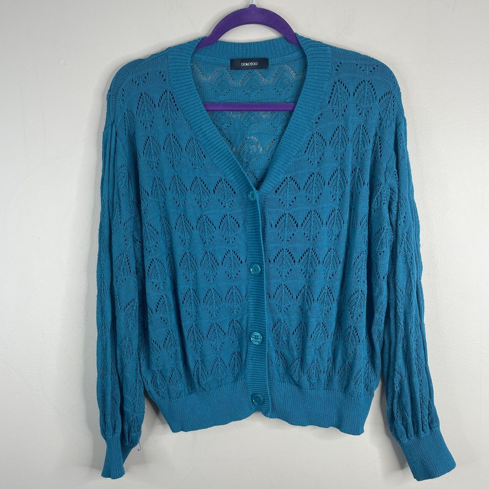 Dokotoo Crochet Cardigan‎ Sweater Womens 2XL Teal Button Up Colorful Long Sleeve